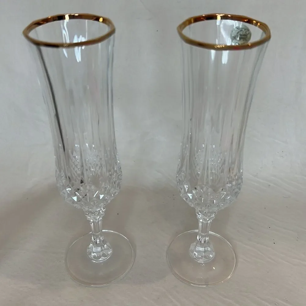 Cristal De Arques Crystal 24 K Gold Trim Long Stem Flutes 8 In Tall 2 In Round